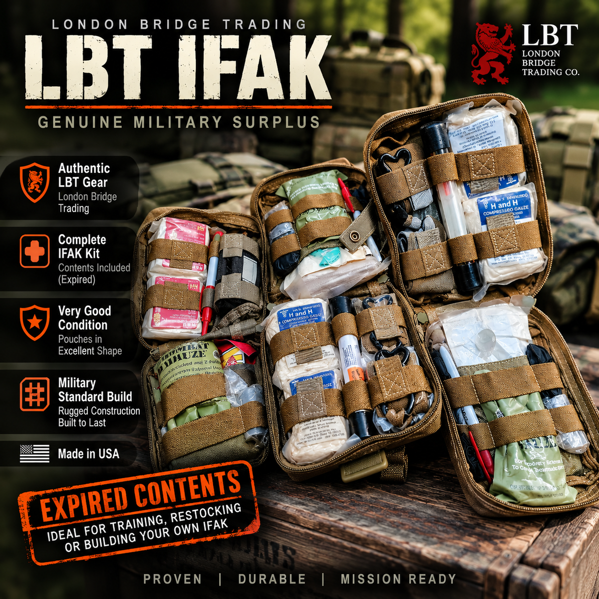 onethiefsurplus LBT 2648B Individual First Aid Kit (IFAK) – Complete with Expired Medical Contents – Very Good Condition